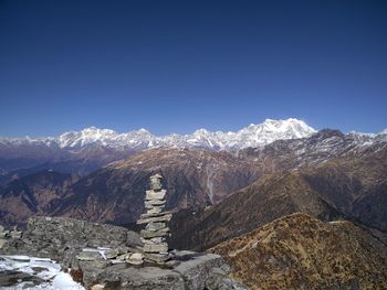 Scenic view of snowcapped mountains against clear blue sky