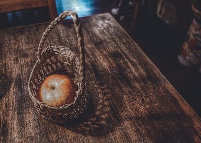 High angle view of fruits in basket on table