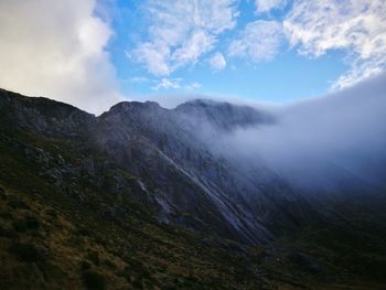 Scenic view of mountains against cloudy sky