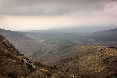 Aerial view of landscape against cloudy sky