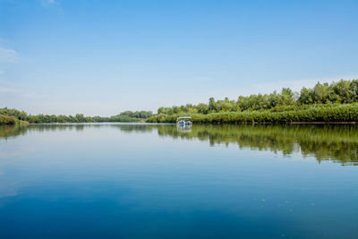 Scenic view of lake against blue sky