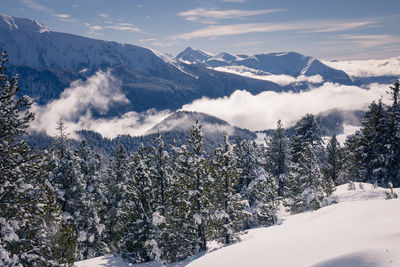 Scenic view of snow covered mountains against sky