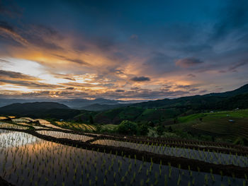 Scenic view of agricultural field against sky during sunset