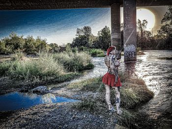 Girl standing by lake against sky