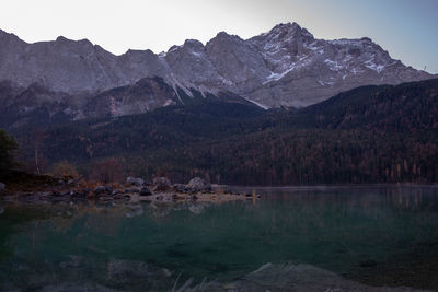 Scenic view of lake and mountains against sky