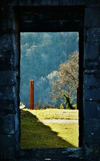 Scenic view of field against sky seen through window