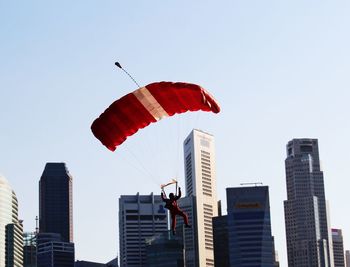 Low angle view of buildings against clear sky