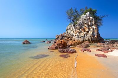 Scenic view of sea against clear blue sky