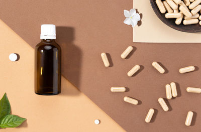 High angle view of medicines on table