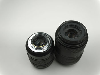 High angle view of camera against white background