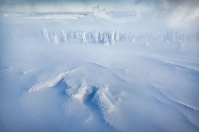 Scenic view of snow covered land against sky