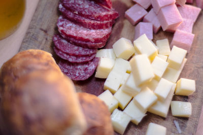 Close-up of food on cutting board at table