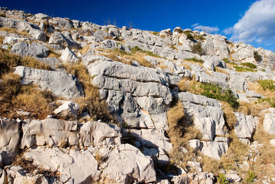 Low angle view of rock formation against sky