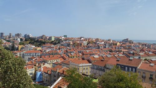 Aerial view of cityscape against clear sky