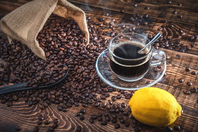 High angle view of coffee beans on table