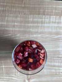 High angle view of strawberry in bowl on table