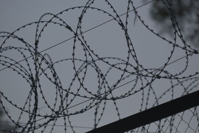 Low angle view of barbed wire against sky