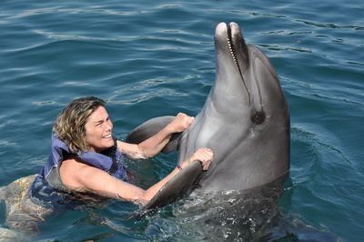 Photo of a dolphin playing with female 