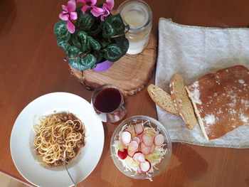 High angle view of breakfast served on table