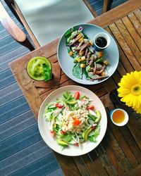High angle view of meal served on table