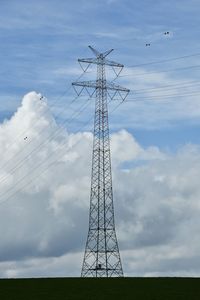 Electricity pylon on landscape against clouds