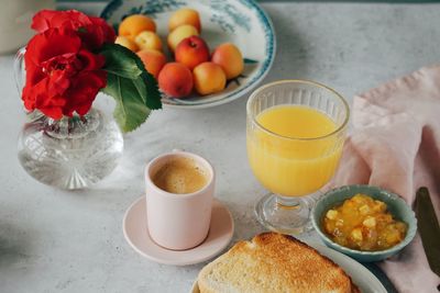 High angle view of breakfast on table