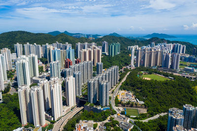 High angle view of buildings in city