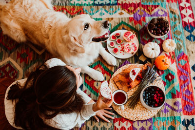 High angle view of woman with dog