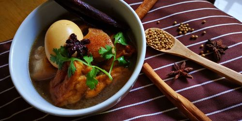 High angle view of food in bowl on table