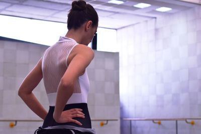 Ballerina practicing in ballet studio