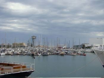 Sailboats moored at harbor