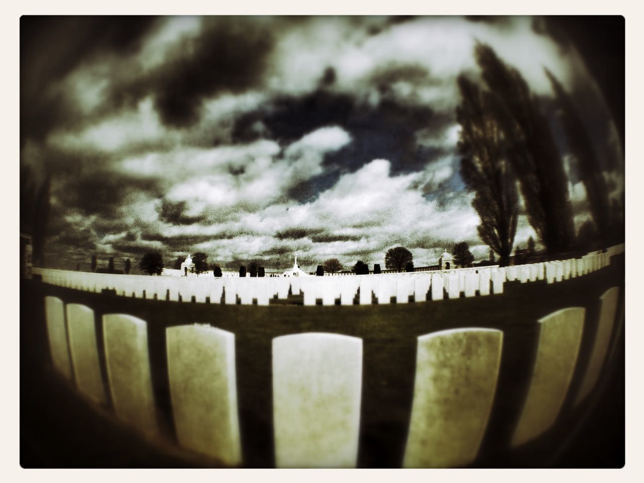 transfer print, auto post production filter, sky, cloud - sky, cloudy, in a row, low angle view, no people, cloud, outdoors, day, close-up, side by side, nature, built structure, panoramic, architecture, metal, railing, roof