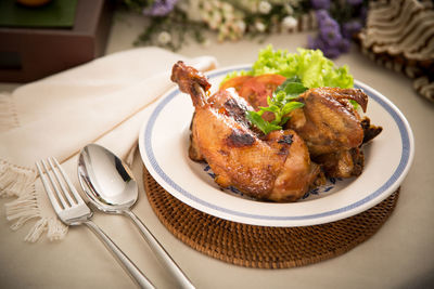 High angle view of food in plate on table