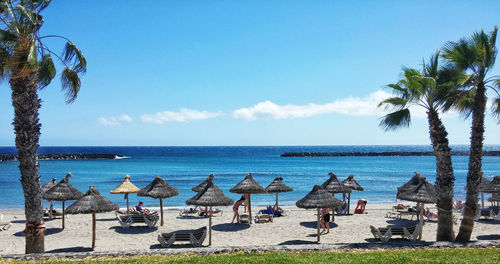 Thatched parasols at beach against sky