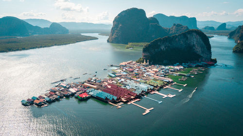 High angle view of boats moored in sea