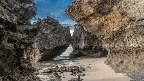 Rocks on beach against sky