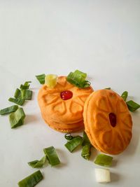 High angle view of fruits in plate on table