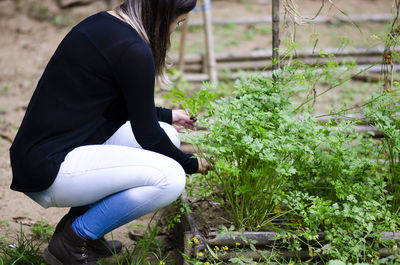 Side view of young woman sitting on land