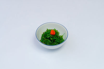 High angle view of food in plate on white background