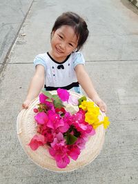 High angle view of cute girl on pink flowering plants