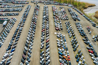 High angle view of multi colored umbrellas on street