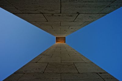 Low angle view of architectural feature against clear blue sky