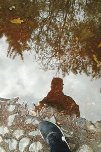 Low section of man standing on puddle