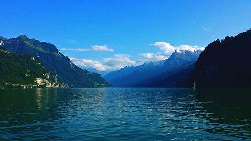 Scenic view of lake and mountains against sky