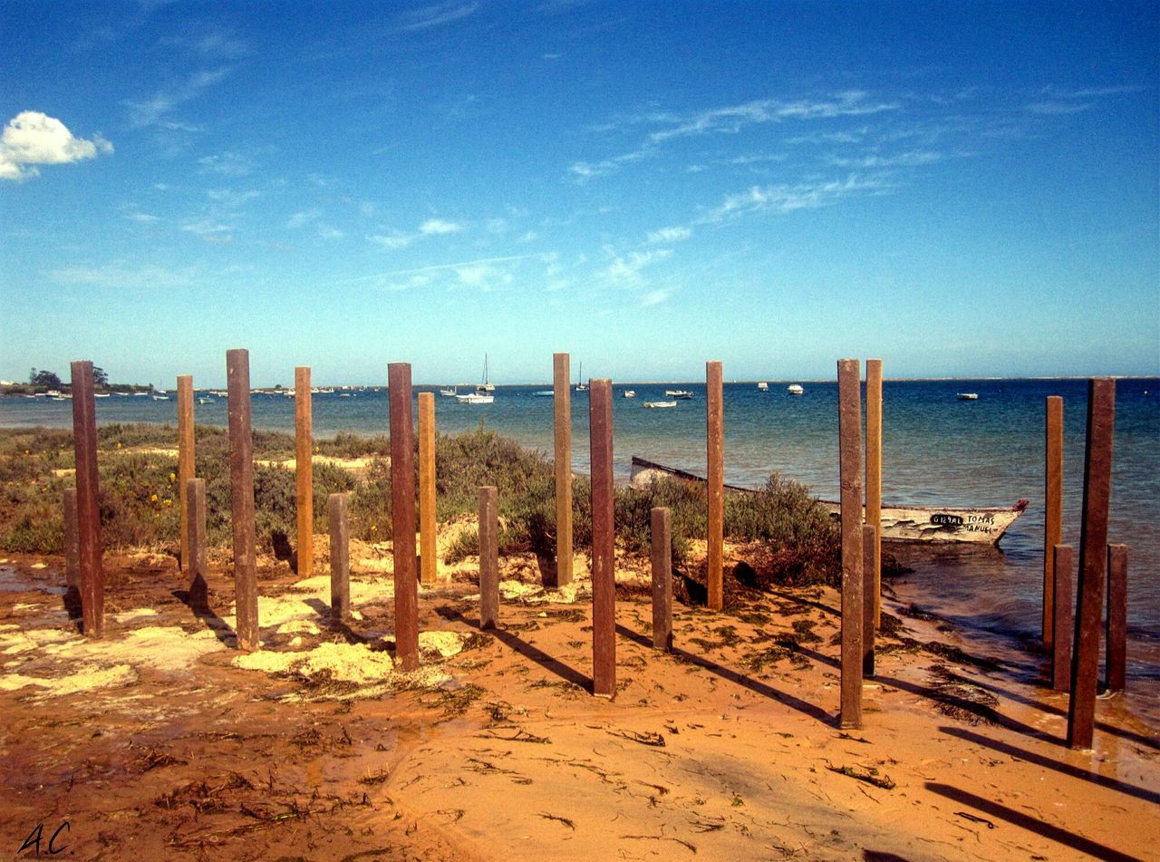 Wooden posts at seaside