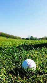 Close-up of golf course against clear blue sky