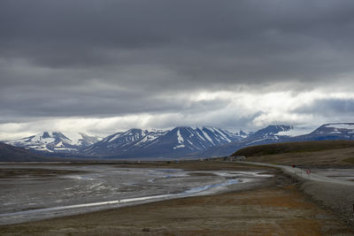 Scenic view of snowcapped mountains against sky svalbard 