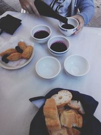 High angle view of man having breakfast