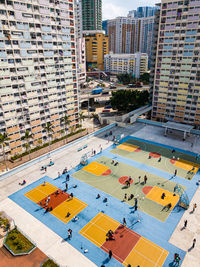 High angle view of buildings in city