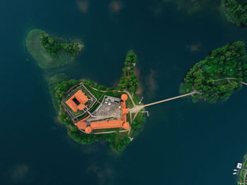 High angle view of boat floating on lake